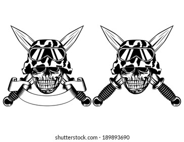 Vector illustration crossed daggers and skull in helmet