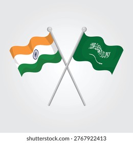 Vector illustration of crossed flags of India and Saudi Arabia representing international partnership and diplomacy.