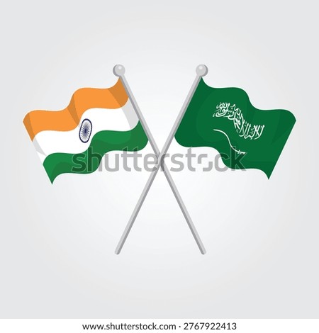 Vector illustration of crossed flags of India and Saudi Arabia representing international partnership and diplomacy.