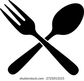Vector illustration of crossed fork and spoon icon with silhouette style, dining symbol, restaurant marker, food service, and kitchen design element