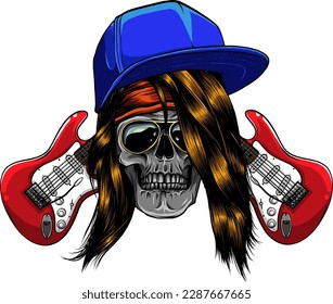 vector illustration of crossed guitars and skull with bonnet and glasses. hand draw on white background