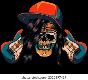 vector illustration of crossed guitars and skull with bonnet and glasses. hand draw on black background