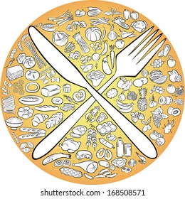 Vector illustration of crossed knife and fork with foods