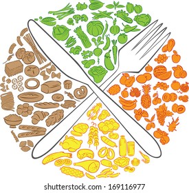 Vector illustration of crossed knife and fork with foods