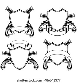 Vector illustration crossed old flintlock pistols and shield with ribbon