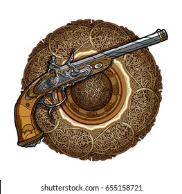Vector illustration. Crossed old flintlock pistols