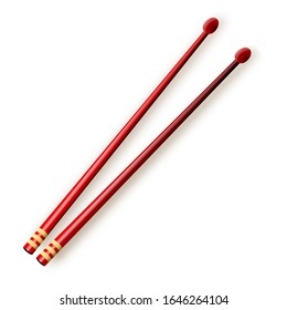 Vector illustration. Crossed red wooden drumsticks. Percussion musical instrument. Rock or jazz equipment. Isolated on white background.Vector illustration EPS10
