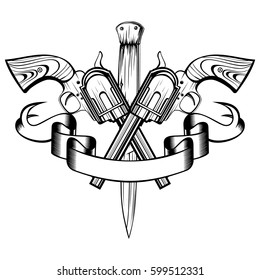 Vector illustration crossed revolvers and knife. For tattoo or t-shirt design.