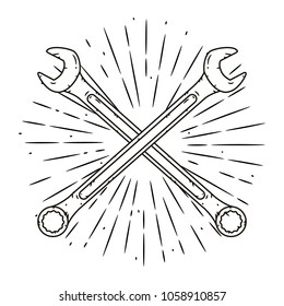 Vector illustration with crossed wrench and divergent rays. Used for poster, banner, web, t-shirt print, bag print, badges, flyer, logo design and more. 