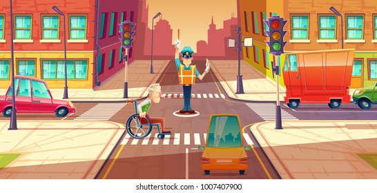 Vector Illustration Of Crossing Guard Adjusting Transport Moving, City Crossroads With Pedestrian, Disabled Person. Urban Highway Regulation, Crosswalk With Traffic Lights, Machines