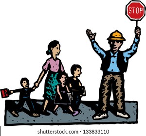 Vector illustration of crossing guard with mother and children crossing the street