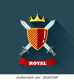 vector illustration with crossing swords, shield and crown in flat design with long shadow and red ribbon. coat of arms
