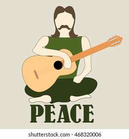 Vector illustration of cross-legged hippie man with guitar sign of peace and pacifism colorful
