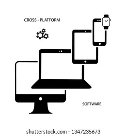 Vector illustration Cross-platform logo concept on white background. Smartphone, tablet, laptop, desktop computer and watch. Suitable for use on web apps, mobile apps and print media. Linear icon.