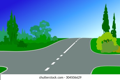 Vector illustration of crossroad in forest landscapes in the summer, with trees, bushes, grass and the blue sky in background. Empty space leaves room for design elements, custom signs or billboards.