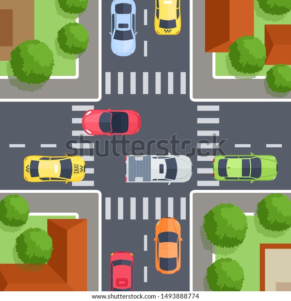 Vector illustration of crossroad top view with\
sidewalk, crosswalk, cars, trees and house. Street urban  concept\
in flat cartoon style for map, web, banner. City infrastructure.\
Top view of the city.