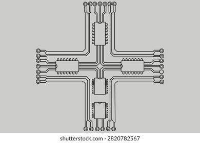 A vector illustration of a cross-shaped electronic circuit board layout featuring multiple integrated circuit chips and connecting pathways on a grey background.