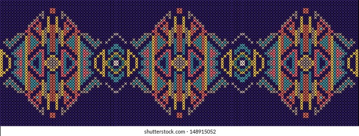 vector illustration of cross-stitch ornament on blue cross-stiched pattern. Hand-made embroidery effect