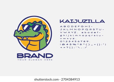 A vector illustration of a crouching kaiju and dinosaur, as well as a vector alphabet, for use in branding and identity design.