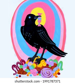 Vector illustration of crow eating candy on the white background