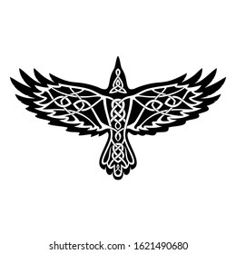 Vector illustration of a crow with open wings. Raven wisdom symbol. Traditional ancient Viking sacred pattern. Sign of Celtics. Norse soul. Black tribal animals tattoo. Triskelion. Triskele. Valknut.