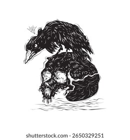 vector illustration of a crow perched on a human skull