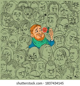 Vector illustration. A crowd of negative people. Among them is a cheerful and kind person. The concept of psychological tests. Reaction to the outside world and information from the outside