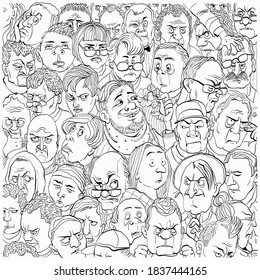 Vector illustration. A crowd of negative people. Among them is a cheerful and kind person. The concept of psychological tests. Reaction to the outside world and information from the outside