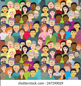 Vector illustration with  a crowd of people of different ages, races and nationalities on blue sky background. Joyful men, women, grandparents, boys, girls in colorful clothes. - Shutterstock ID 247190029