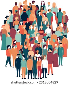 Vector illustration of a crowd of people in a flat design, minimalism style. Different genders, ages, and ethnicities.Event promotions, social awareness campaigns.