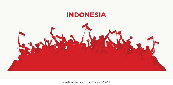 Una Ilustración vectorial de una multitud sosteniendo banderas de Indonesia, celebrando el Día de la Independencia de Indonesia.