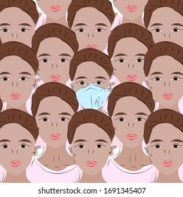 Vector illustration with a crowd of people in medical masks. Quarantined people. I monitor my health. The virus will not pass.