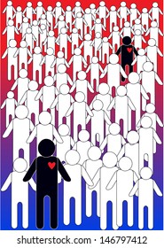 vector illustration with crowd of people in silhouettes isolated on colorful gradient background