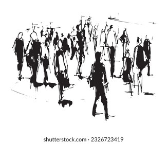 vector illustration: crowd of people walking along a city street. Sketch made with marker and watercolor