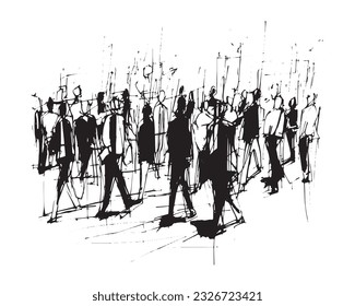 vector illustration: crowd of people walking along a city street. Sketch made with marker and watercolor