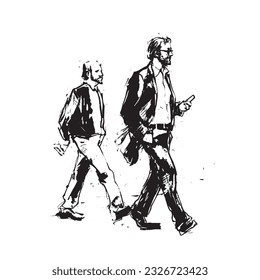 vector illustration: crowd of people walking along a city street. Sketch made with marker and watercolor