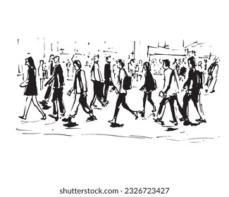 vector illustration: crowd of people walking along a city street. Sketch made with marker and watercolor