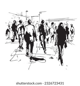 vector illustration: crowd of people walking along a city street. Sketch made with marker and watercolor