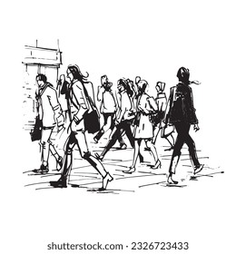 vector illustration: crowd of people walking along a city street. Sketch made with marker and watercolor