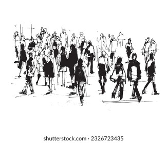 vector illustration: crowd of people walking along a city street. Sketch made with marker and watercolor