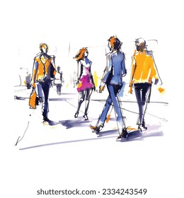 vector illustration: crowd of people walking along a city street. Sketch made with marker and watercolor