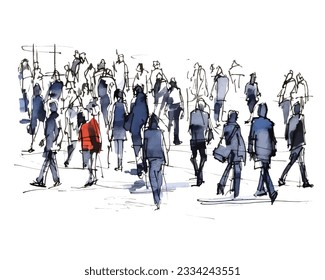 vector illustration: crowd of people walking along a city street. Sketch made with marker and watercolor