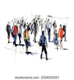 vector illustration: crowd of people walking along a city street. Sketch made with marker and watercolor