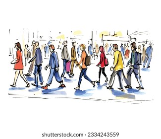 vector illustration: crowd of people walking along a city street. Sketch made with marker and watercolor