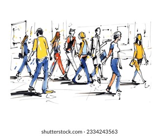 vector illustration: crowd of people walking along a city street. Sketch made with marker and watercolor