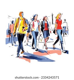 vector illustration: crowd of people walking along a city street. Sketch made with marker and watercolor