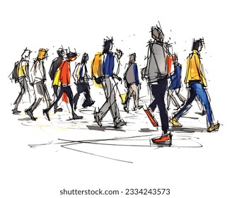 vector illustration: crowd of people walking along a city street. Sketch made with marker and watercolor