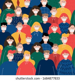 Vector Illustration. Crowd of people wearing protective mask to protecting themselves against pandemic infection. Stop Coronavirus outbreak spread.