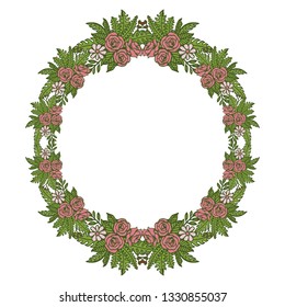 Vector illustration crowd pink flower frames blooms with white backdrop hand drawn
