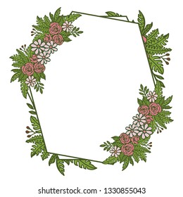 Vector illustration crowd pink flower frames blooms with white backdrop hand drawn